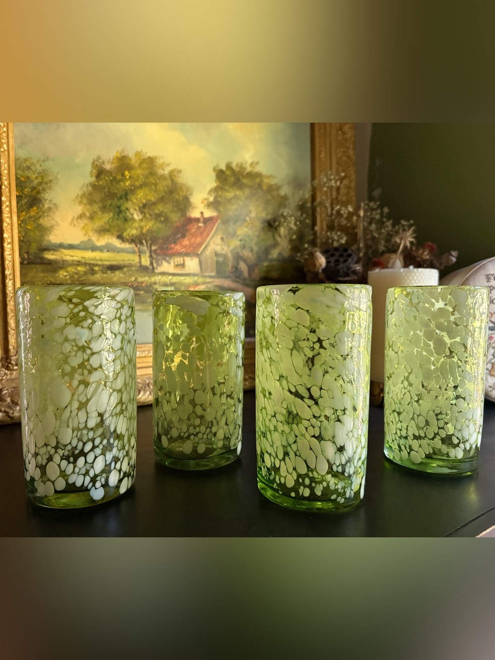 Set of 4 Green & White Confetti/Splatter Hand Blown Art Glass Tumblers Mexico